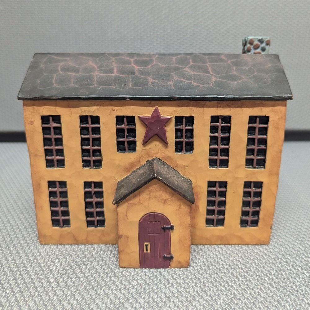 VTG Teresa Kogut Primitive Folk Art Salt Box House Resin Mustard Yellow Whimsy
